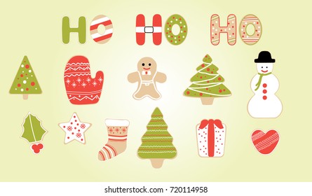 Set of christmas cookies. Decorated vector christmas cookies collection.