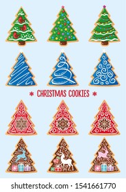 SET OF CHRISTMAS COOKIES IN FORM A CHRISTMAS TREE DECORATED WITH VARIOUS ELEMENTS