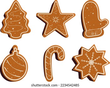 Set of Christmas cookies. Gingerbread in flat style.
Glazed gingerbread of various shapes set. Xmas symbols, New Year decoration elements. 