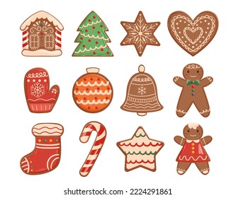 Set of Christmas Cookies Gingerbread House, Tree, Star, Heart and Man. Mitten, Ball Bell, Sock and Candy Cane Isolated on White Background. Fresh Xmas Festive Pastry. Cartoon Vector Illustration