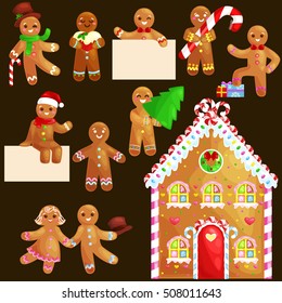 set christmas cookies gingerbread man and girl  house decorated with icing, dancing having fun, gifts and home, xmas  sweet food vector illustration