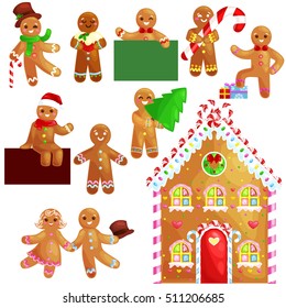 set christmas cookies gingerbread man and girl house decorated with icing dancing and having fun with gifts at home, xmas baked sweet food vector illustration