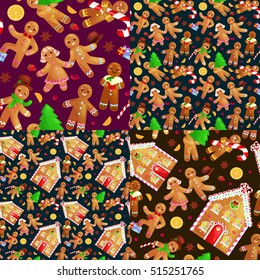 set christmas cookies gingerbread man decorated with icing dancing and having fun in hat with the tree and gifts, xmas sweet food vector illustration
