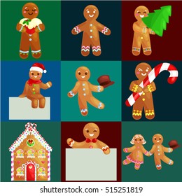 set christmas cookies gingerbread man and girl near sweet house decorated with icing dancing and having fun in a cap with the tree and gifts, xmas food vector illustration