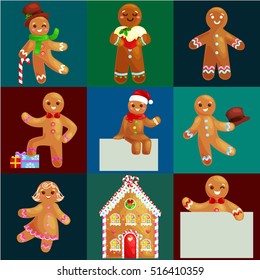 set christmas cookies gingerbread man and girl near sweet house decorated with icing dancing and having fun in a cap with the tree and gifts, xmas food vector illustration