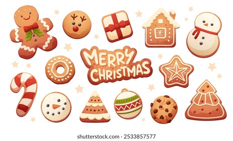 Set of Christmas cookies and gingerbread on white background. Painted sweets with patterns and designs made of mastic. Vector illustrations