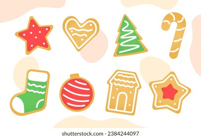 Set of Christmas cookies. Heart and star shaped bakery and pastry. Dessert and delicacy. Green sock and tree, home and ball. Cartoon flat vector collection isolated on white background