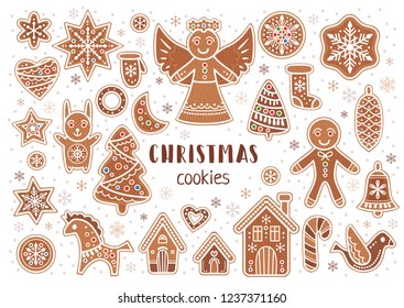 Set of christmas cookies illustrations. Vector Xmas bakery collection of christmas ornaments, gingerbread man, angel, snowflake, and Christmas tree. New Year design elements in cartoon style isolated