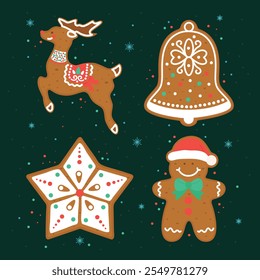 set of Christmas cookies: reindeer, snowflake, bell, and gingerbread man