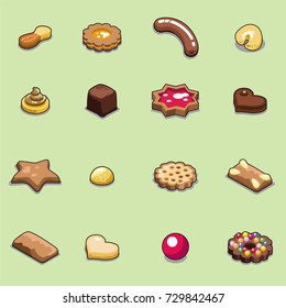 Set of christmas cookies and sweets in different shapes and sizes, decorated with marmalade, chocolate, nuts and candy (isometric objects)