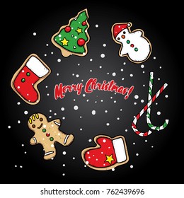 A set of Christmas cookies - a Christmas tree, a snowman, gingerbread, a mitten and Santa's felt boots. Vector illustration. New Year stickers.