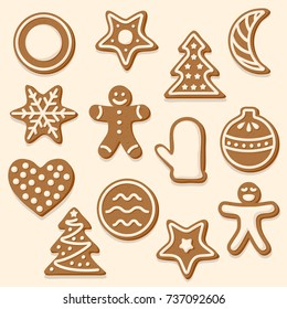 Set of Christmas cookies. Vector illustration with various shapes of gingerbread  - man, ball, mitten, christmas tree, star, crescent, heart.