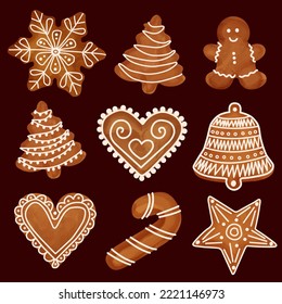 Set of christmas cookies. Watercolor Christmas set with cookies. Vector illustration to celebrate the new year on black background with holiday homemade ginger cookies.