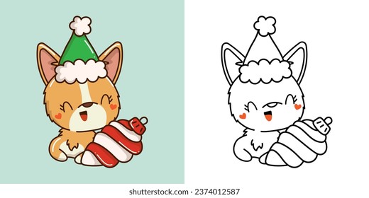 Set Christmas Corgi Dog Multicolored and Black and White. Kawaii Clip Art Christmas Dog. Cute Vector Illustration of a Kawaii Animal for Christmas Stickers. 