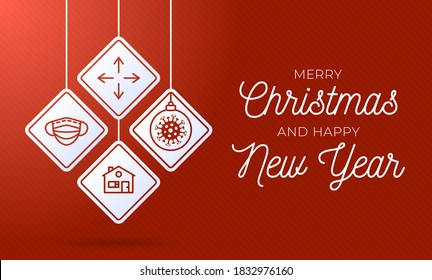 Set Christmas Coronavirus road sign. Christmas rhombus Coronavirus Cell Icon, 2019-nCoV in caution traffic signs. Warning symbol of COVID-19, MERS-Cov, Novel coronavirus. Vector illustration