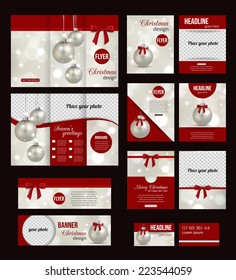 Set of Christmas corporate business stationery templates. Abstract brochure design with photorealistic xmas balls and blurred bokeh lights. Modern back and front flyer backgrounds. Vector illustration