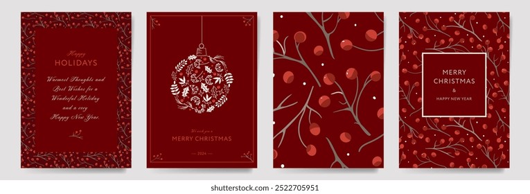 Set of Christmas Corporate Holiday cards with floral berry ornate frames, background and copy space. Universal artistic templates, vector illustration