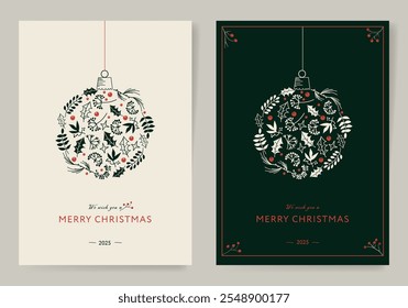 Set of Christmas Corporate Holiday cards with floral berry ornate frames. Universal artistic template, vector illustration