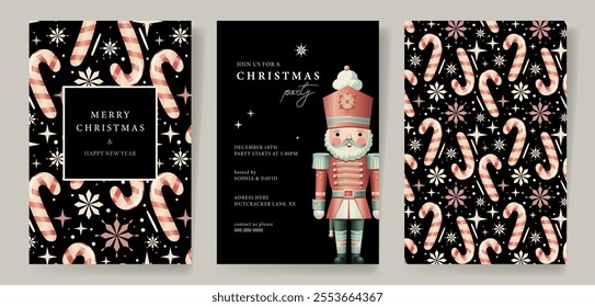 Set of Christmas Corporate Holiday cards with Nutcracker and candy cane pattern ornate frames, background and copy space. Universal artistic templates, vector illustration