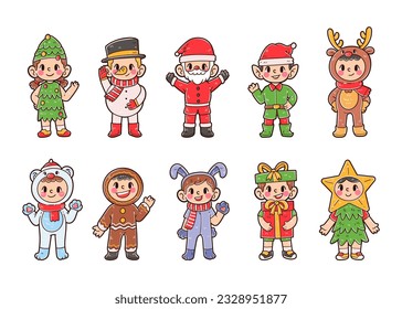 Set of christmas costume character hand drawn illustration