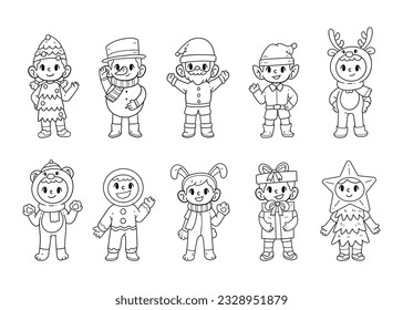 Set of christmas costume character outline sketch hand drawn illustration