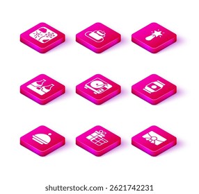 Set Christmas covered with tray, Gift box, Champagne bottle, Vinyl player vinyl disk, postcard, Beer can, star and Cake icon. Vector