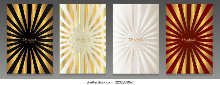 Set of Christmas covers. Triangular shapes, golden rays on a black, white and red background. Shiny and metallic effect. 