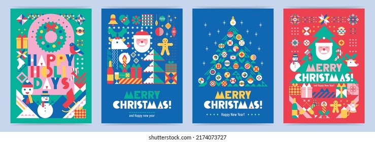 Set of Christmas creative posters with geometric composition of  holiday's simbols. Flat style, geometry, mosaic, modern concept. Christmas festive background for cover, invitation, magazine