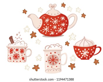 Set of Christmas cup of hot drink, teapot. Hand drawn style. Vector illustration. Merry Christmas. New Year.