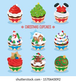 Set of christmas cupcakes, decorated with various elements, cream, berries, marzipan, confectionery. Winter sweets, pastries, bakery. Vector illustration, cartoon objects, simbols, icons, steckers