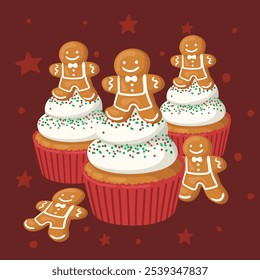 Set of Christmas cupcakes with gingerbread men. Bright vector illustration of desserts.