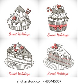 Set of Christmas cupcakes and pies in sketch style. Vector illustration