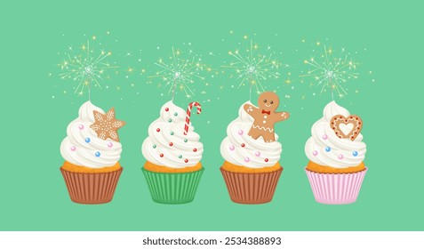 Set of Christmas cupcakes with sparklers on green background. Holiday baking with winter decor. Vector cartoon illustration of festive sweet muffins.