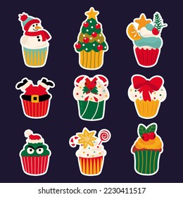 Set Christmas cupcakes stickers  Santa Claus  Christmas tree  snowman  Grinch  lollipop  berries  gingerbread  bow  icing  decoration  Draw style 