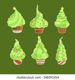 Set of Christmas cupcakes. Christmas tree.