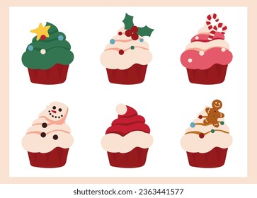 Set of Christmas cupcakes. Various holiday cupcakes in flat cartoon style. Vector illustration