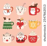 Set of Christmas cups with drinks. Hot chocolate, cocoa, whipped cream, Christmas drinks. Flat vector illustration.