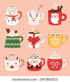 Set of Christmas cups with drinks. Hot chocolate, cocoa, whipped cream, Christmas drinks. Flat vector illustration.