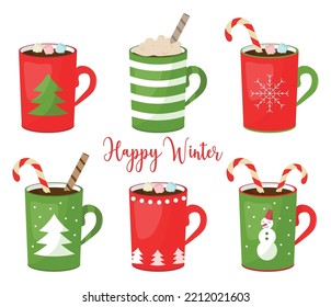 a set of Christmas cups with lollipops and marshmallows. isolated on a white background.