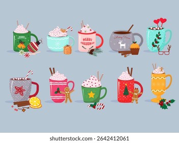 Set of Christmas cups. Mugs with hot drink. New Year and Christmas. Decorative mugs with a picture and holiday attributes. Vector illustration