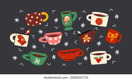 Set of christmas cups or tea and coffee. Cartoon doodle new year kitchen mugs in retro style. Vector stickers