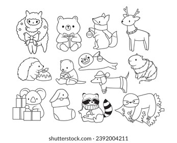 Set of Christmas cute animals. Collection of New year stylized  pets with a tree, with a gift, wearing a santa hat, etc. Festive pet. Happy holiday. Vector illustration isolated on white background.