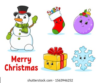 Set of christmas cute cartoon characters. Snowman, sock, bauble, gift, snowflake. Happy New Year. Hand drawn elements. Winter stickers. Color vector illustration isolated on white background.