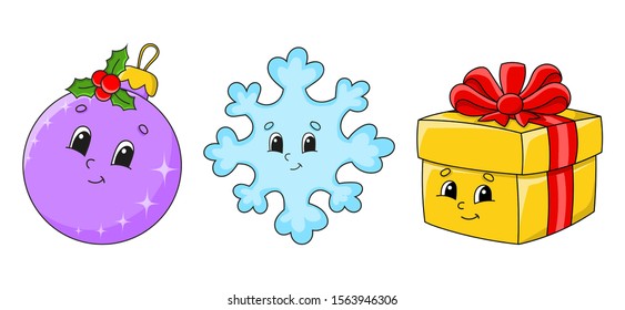 Set of christmas cute cartoon characters. Happy New Year. Hand drawn elements. Christmas ball, snowflake, gift. Color vector illustration isolated on white background.