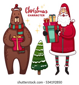 Set of Christmas cute cartoon characters and elements. Santa Claus and Christmas bear in a hat with a scarf, a snowy tree. Characters for the new year, postcards, prints and design.