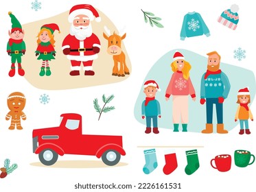 Set of Christmas cute characters and decorations, vector illustration