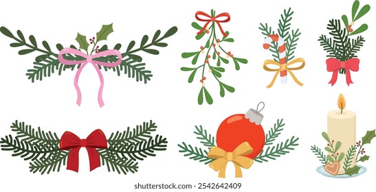 Set of Christmas cute compositions with fir branches, mistletoe, bows, ribbons and decorations. New year elements in flat style	