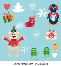 Set of Christmas cute elements on blue background, vector