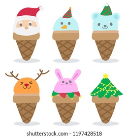 Juego de Navidad lindo y divertido helado para celebrar la fiesta de año nuevo. Árbol de Navidad, santa claus, reno y caricaturista caricaturista caricaturista personaje de diseño plano sobre fondo blanco.