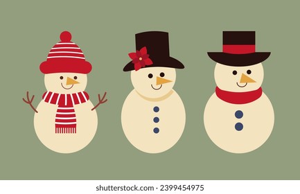 Set of christmas cute snowmans in scarf and hat flat style. Cute characters snowmans collection for holiday xmas and new year. Vector illustration.